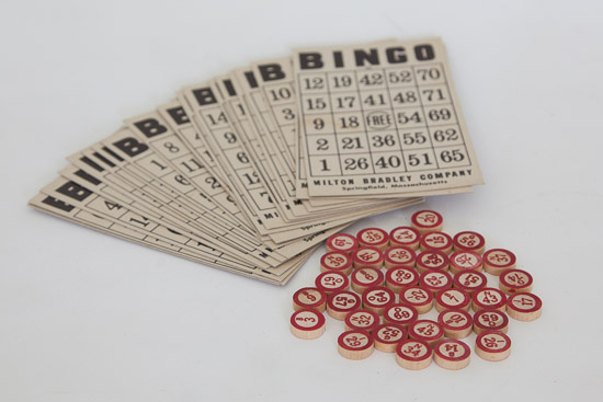 Vintage Bingo Cards and Wooden Chips $5