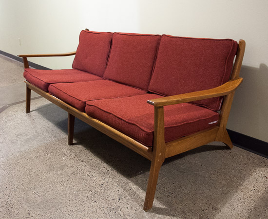 Mid-century Wood & Maroon Fabric Couch   $100